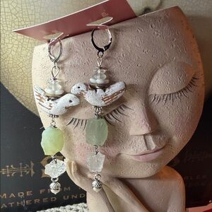 rustic white Bird & chalcedony & quartz crystal dangle Earrings